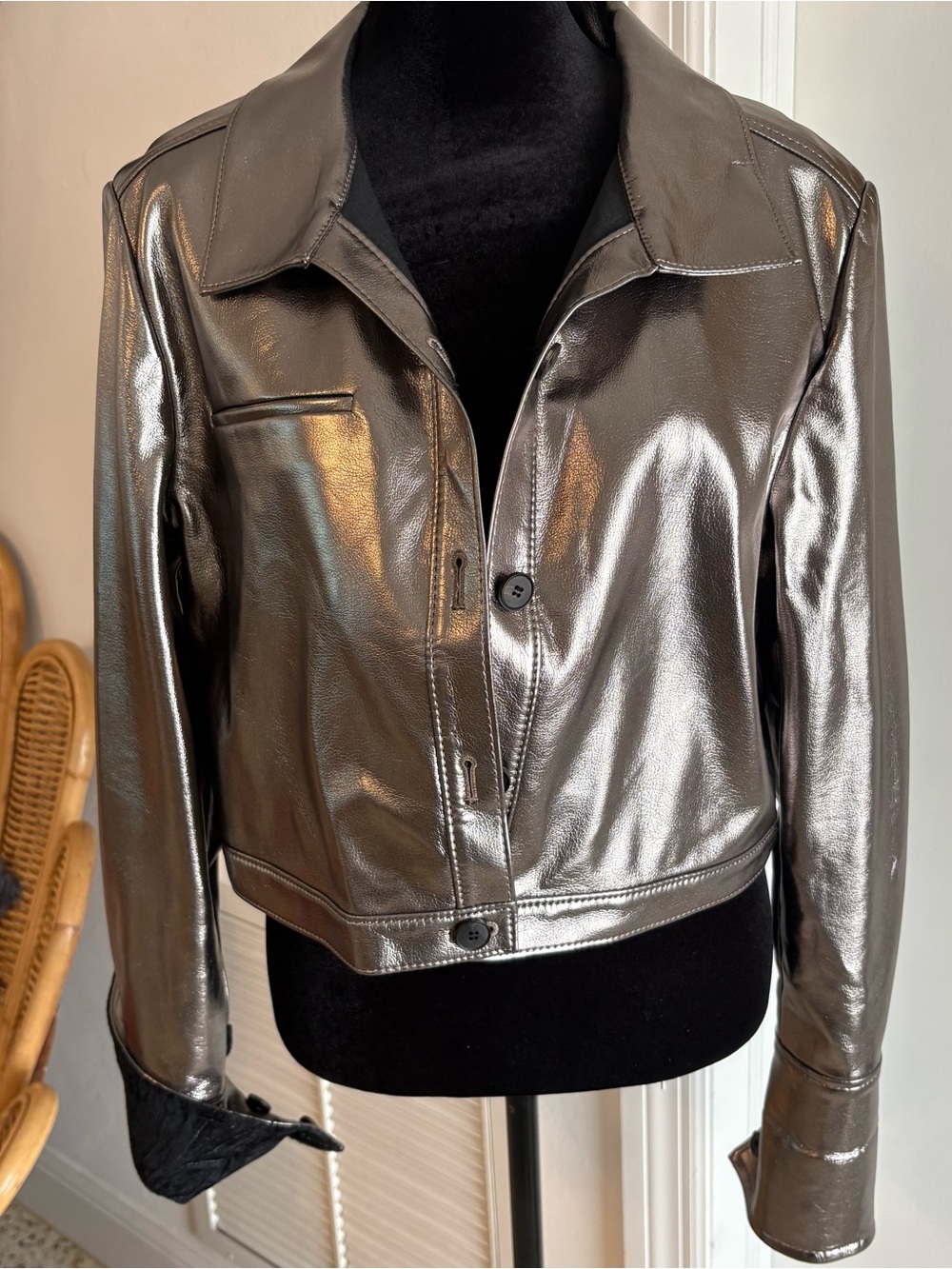 LEHHO Designer Metallic Gunmetal Cropped Jacket! Unique Fun Korean Designer. Sz